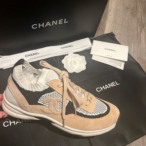 Chanel Mesh Suede Fabric Womens CC Sneakers 38 Light Pink White Black